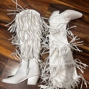 White Fringe Knee-High Boots